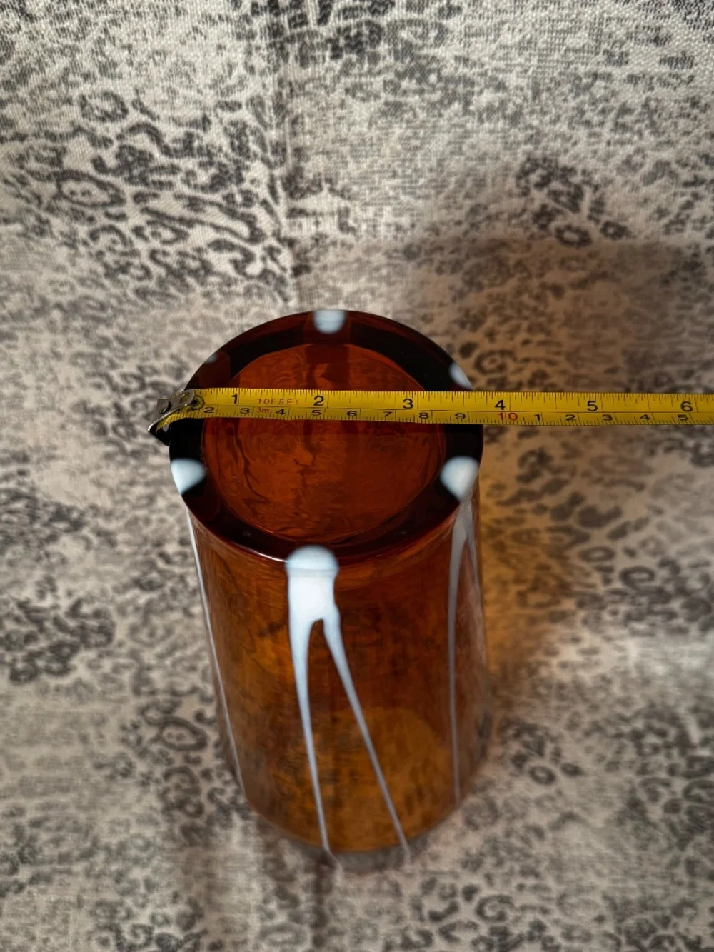 Hand Made Czech Republic Glass Bohemia Amber Vase w/White Decorative Stripes